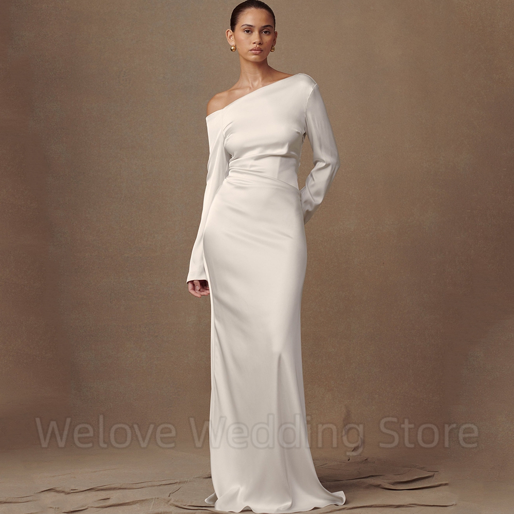 Welove Simple Boat Neck Mermaid Wedding Dress Bride Long Sleeves Off the Shoulder with Buttons Soft Satin Customized Gowns