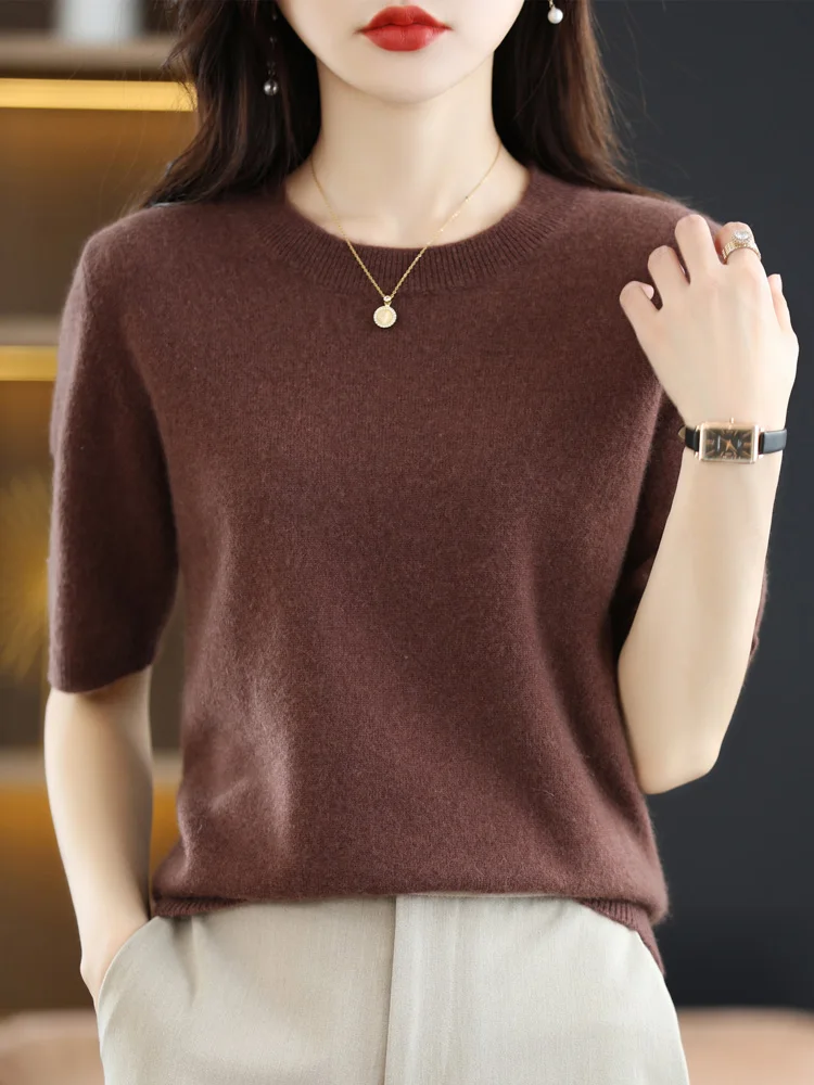 Suéter de manga corta para mujer, camisas con cuello redondo, suéter liso de moda coreana para primavera y verano, Top de punto, jerséis básicos informales