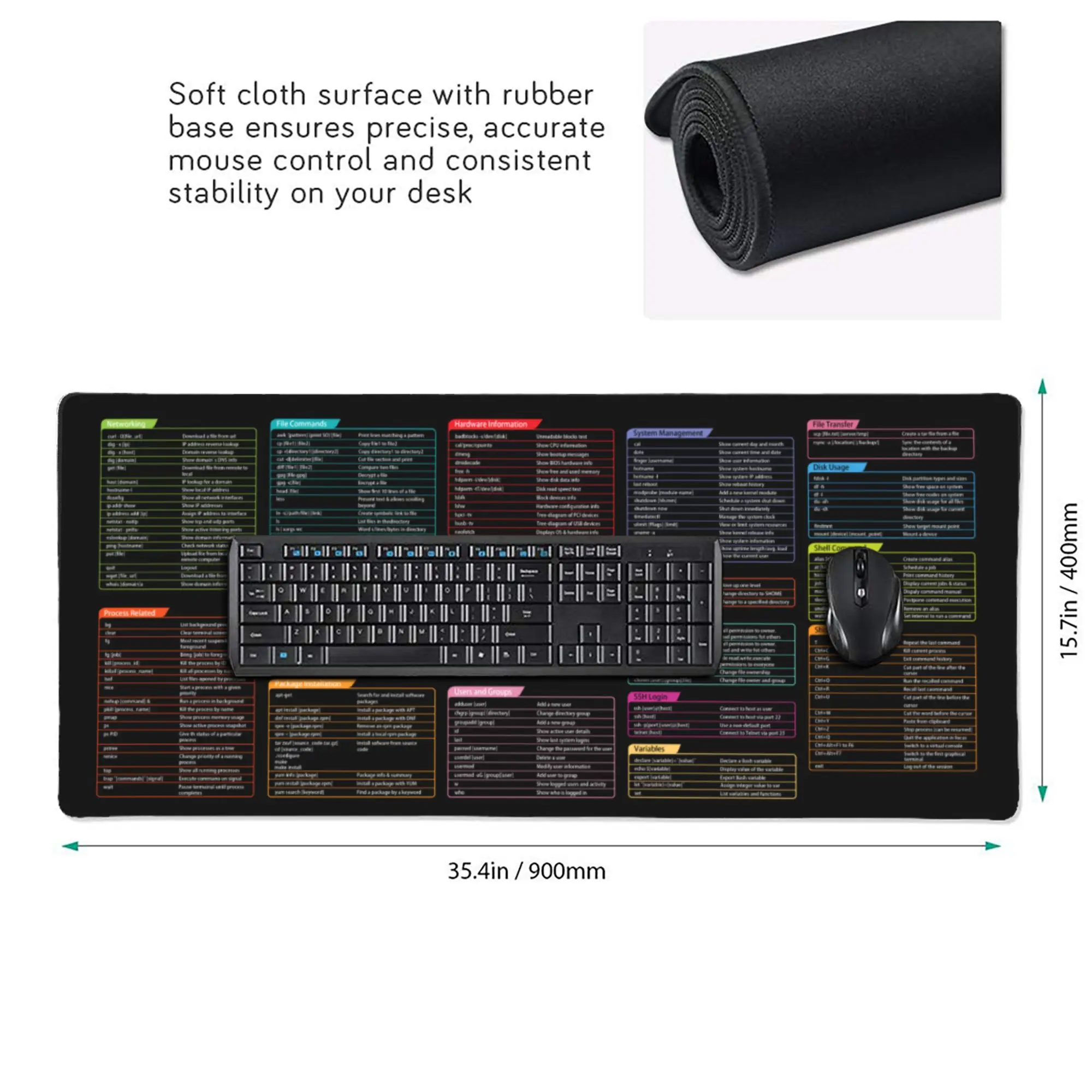 Linux Commands Line XXL-Mauspad, erweitertes großes Mauspad, Shortcuts to Ubuntu OpenSUSE Debian Unix Programmierer, Gaming-Schreibtischunterlage