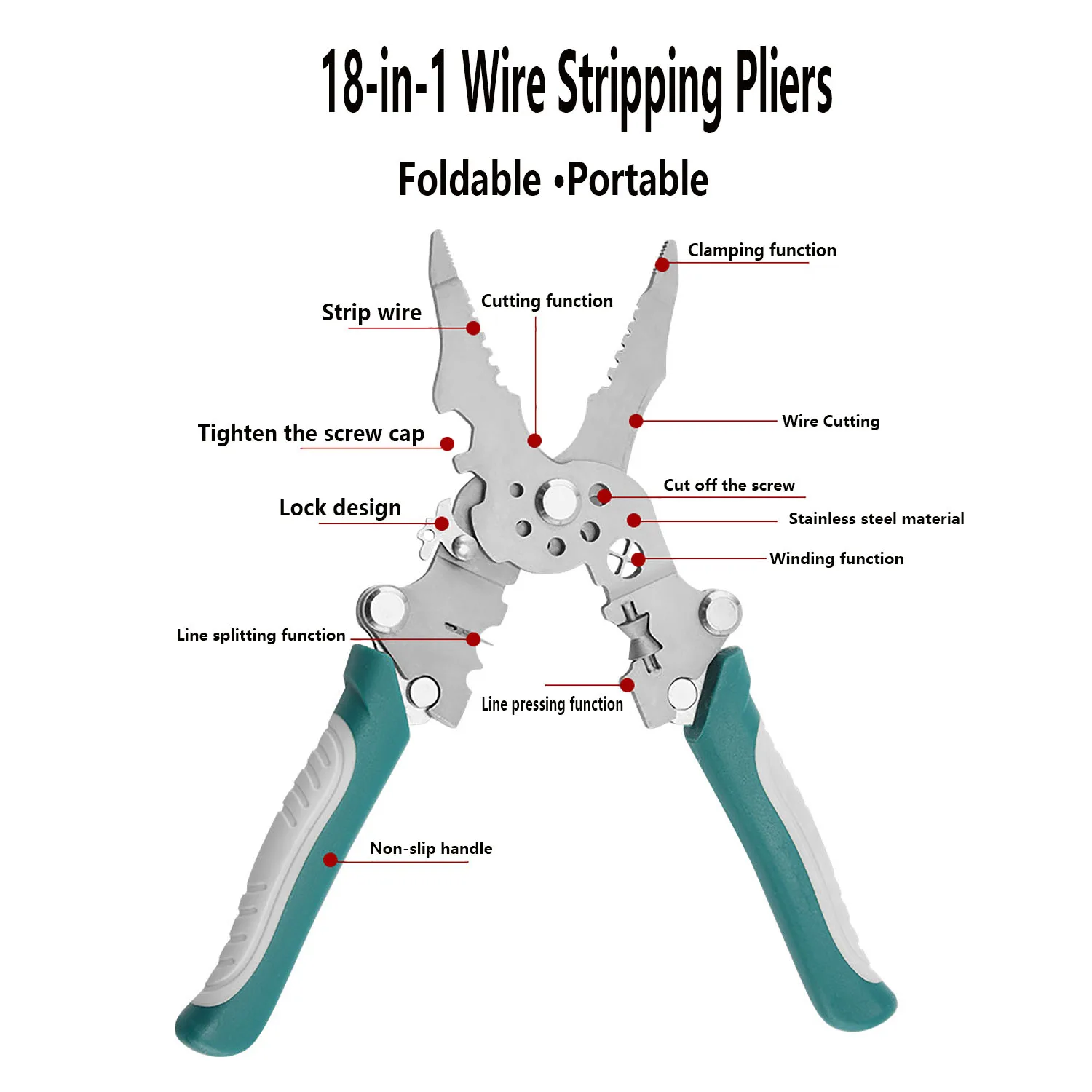 1/2 Foldable 18-in-1 Wire Stripping Pliers Crimping Tool Multifunctional Electrician Pliers, Professional-Grade Electrician Tools | Compact Foldable Design for Secure Connections and DIY Projects