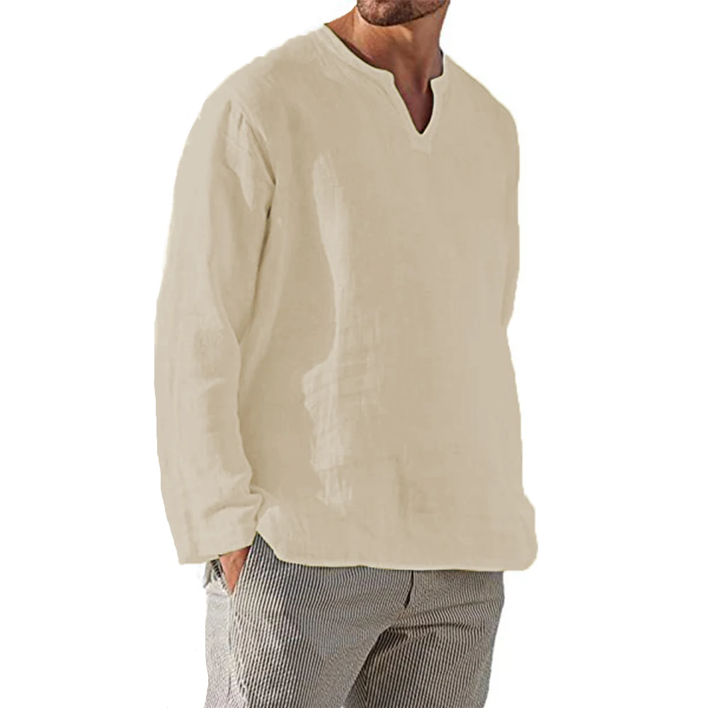 Camicia da uomo in cotone e lino Breve traspirante Comodo tinta unita Manica lunga Scollo a V Camicetta casual Camicia hawaiana Top oversize