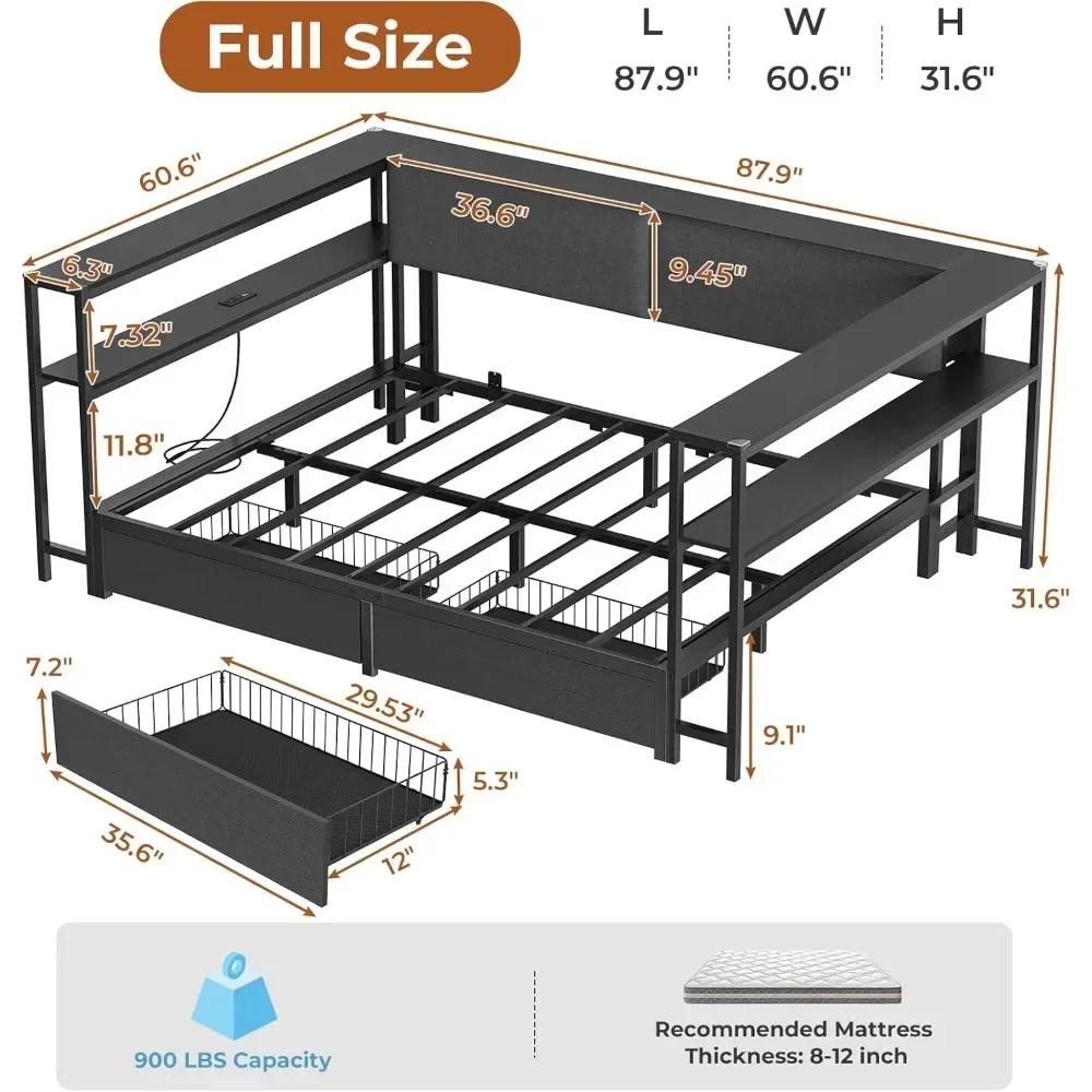 Corner Full Bed Frame with 2 Drawers and Hidden Storage Space Full Size Daybeds with Charging Station, Metal Platform Beds