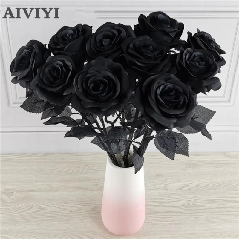 5 uds 8-9cm rosa negra de seda ramo de cabeza de flor Artificial hogar sala de estar boda decoración navideña decoración de Año Nuevo