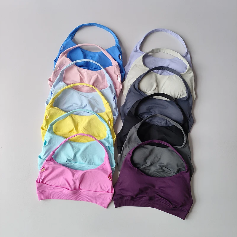 กีฬา Bra ผู้หญิงกันกระแทก Seamless Halter Top สูงสนับสนุน Push-up เปิดกลับ Gym สวมใส่ฟิตเนสโยคะออกกําลังกายชุดชั้นใน