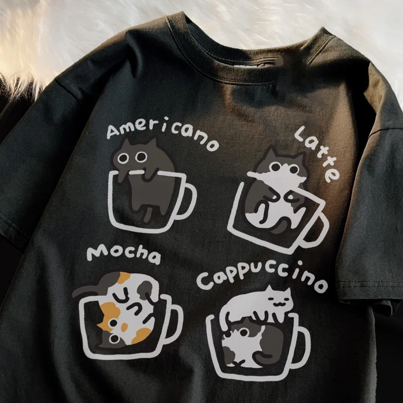 原宿猫コーヒー純粋なトレンディなルーズ半袖 Tシャツ男性女性オリジナルモカラテ猫三花楽しい猫 Tシャツ