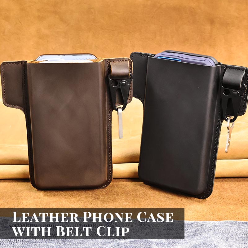 RIYAO Double-Layer Genuine Leather Phone Holster Case Men's Mobile Phone Cover With Belt Clip Waist Packs Vertical Carrying