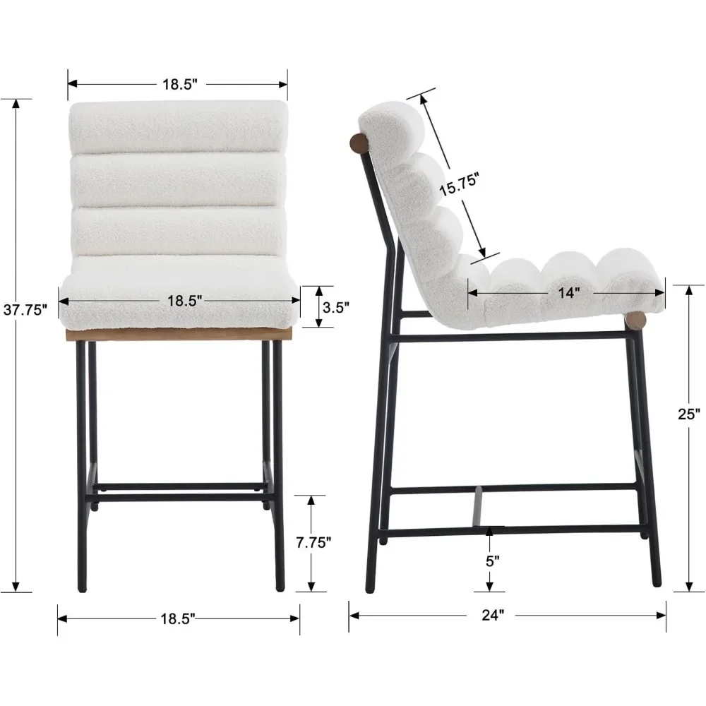Pair of Modern Sherpa White Upholstered Counter Stools, 25 Seat Height with Tufted Back and Cushion for Comfort