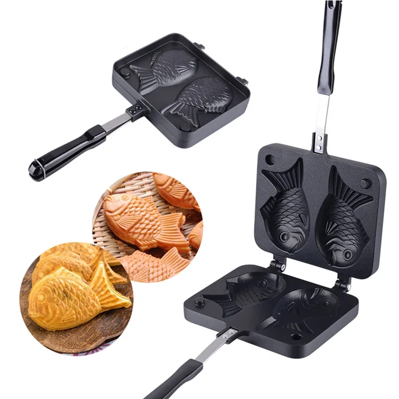 ห้องครัวญี่ปุ่น Taiyaki ปลาคู่รูปร้อนขนมเค้กวาฟเฟิล Maker Pan ญี่ปุ่นแพนเค้ก Double Pan กระทะทอดวาฟเฟิลแม่พิมพ์