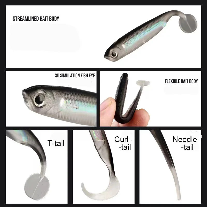 5 unids/lote cebo suave de pesca cola en T Señuelos de Pesca de peces Color arcoíris columpio de lentejuelas cebo giratorio de pesca
