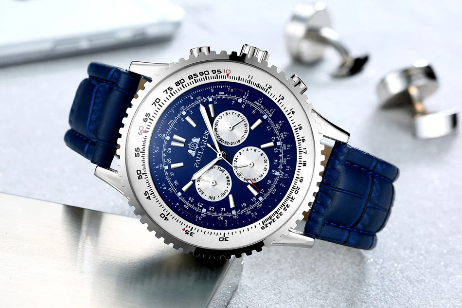 Automatic Self Wind Mechanical สแตนเลสสีดําสีน้ําตาลสีฟ้าสายหนังแท้กีฬาขนาดใหญ่ 50 มม.นาฬิกาผู้ชาย