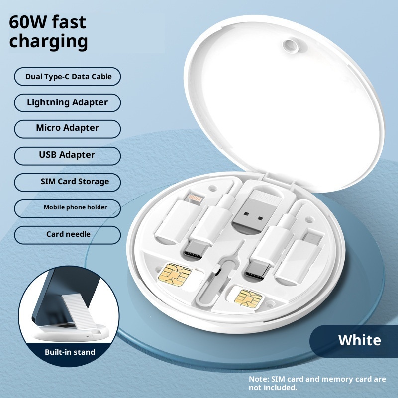 60W Multi 4-in-1 Fast Charging Data Cable Type-C USB-C Micro USB Lightning Charger Cord with Storage Box and Phone Holder