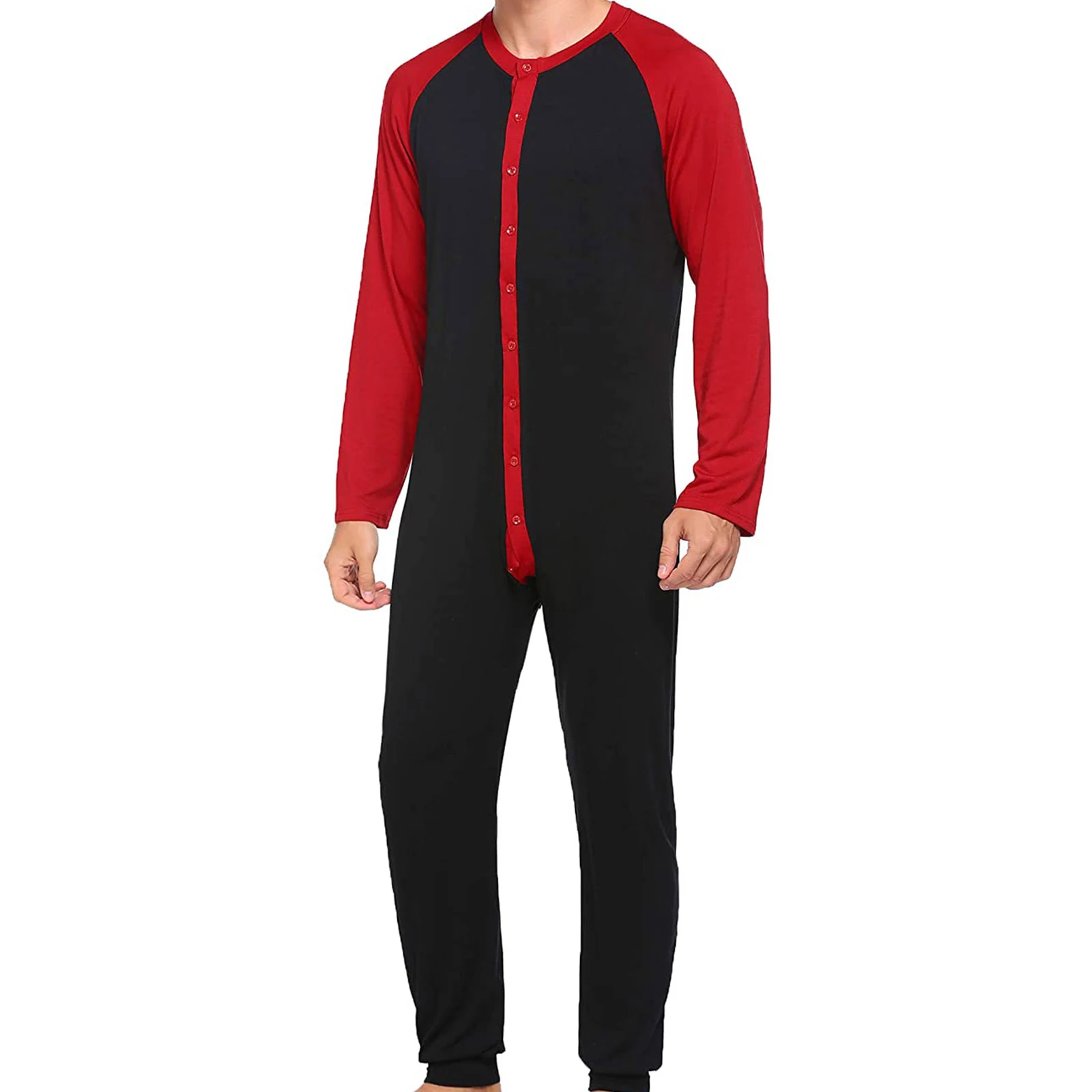 Herren-Pyjama mit Knopfleiste, langärmelig, Rundhalsausschnitt, Farbblock-Overall, Nachtwäsche für Erwachsene