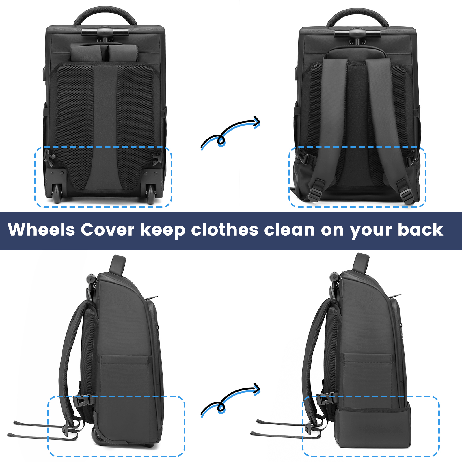 Mochila de bagagem com carrinho de carregamento USB de alta qualidade com rodas para laptop de 15,6 polegadas Mochila de negócios Bagagem de viagem à prova d'água