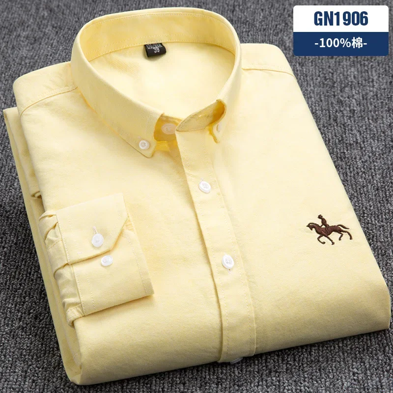 Camicia da uomo casual in cotone slim fit con logo cavallo camicia inferiore in pollici Camicia a righe a maniche lunghe con spinning Oxford