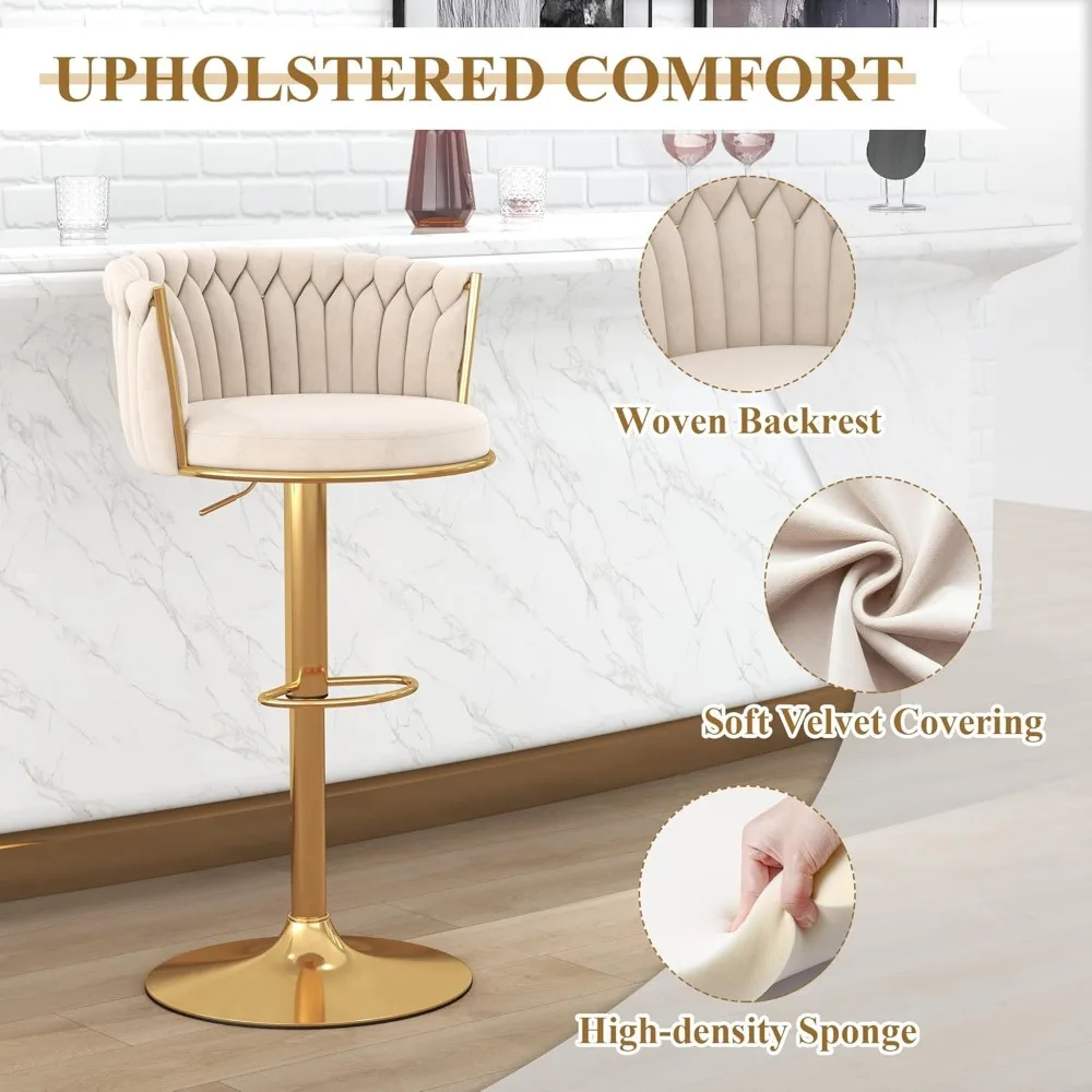 Gold Bar Stool Set of 4, Velvet Swivel Barstools, Height Adjustable Counter Stools with Woven Backrest, Upholstered Modern