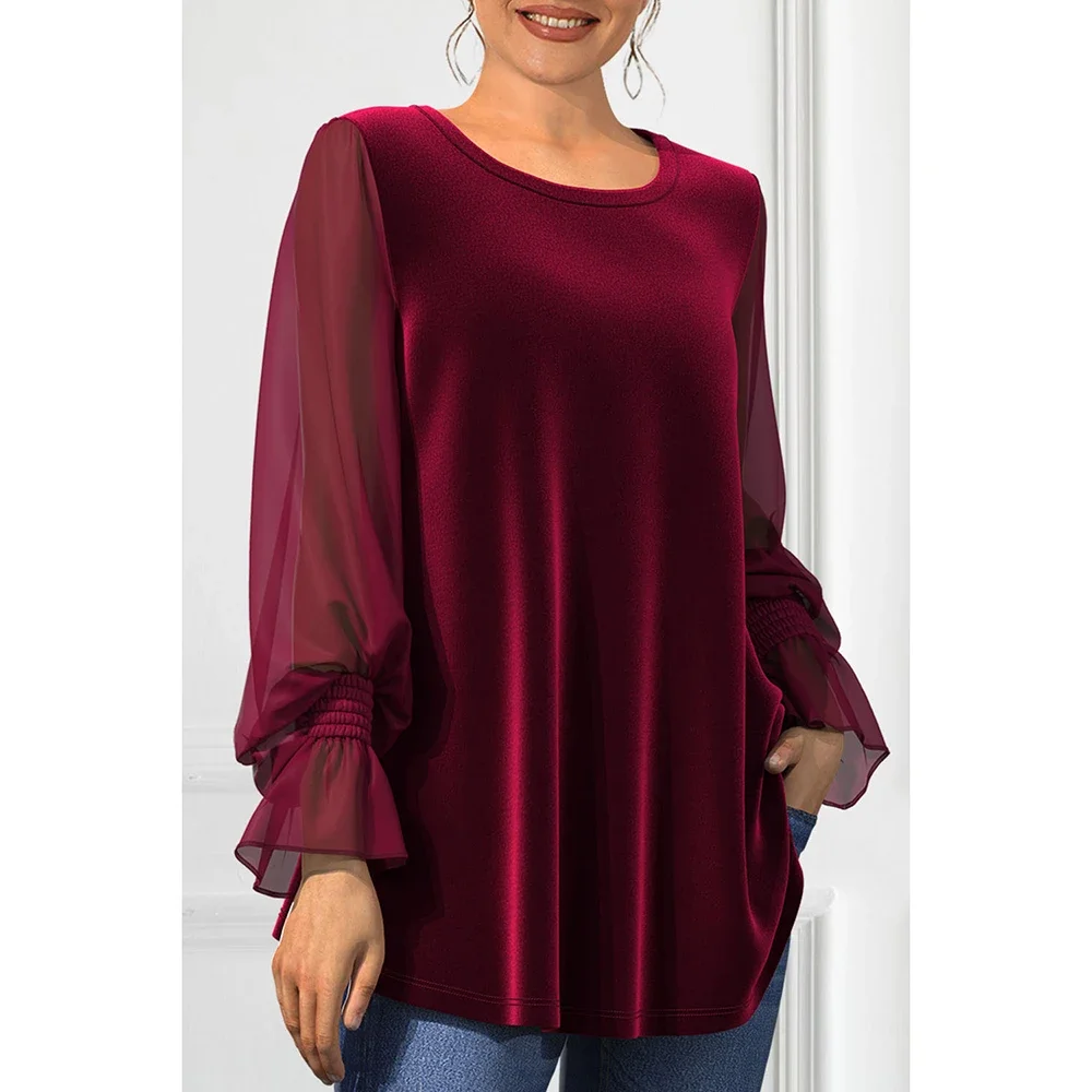 Blusa informal de talla grande de terciopelo burdeos, gasa, retazos, manga acampanada, cuello en U, puño elástico, Top de Navidad