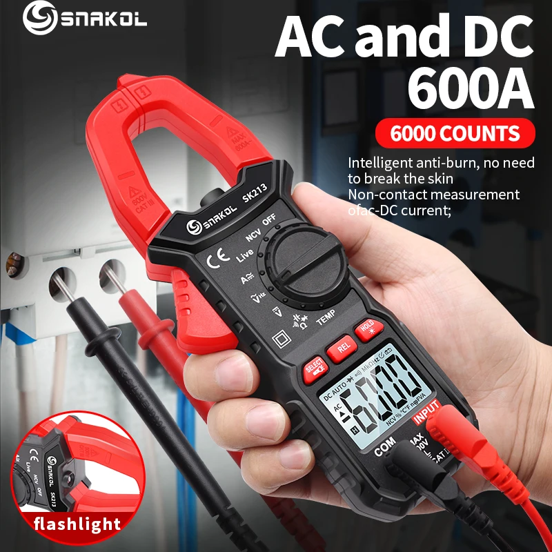 SK213 medidor de pinza Digital 600A AC DC alicates de rango automático amperímetro voltímetro de voltaje NCV Ohm probador eléctrico profesional