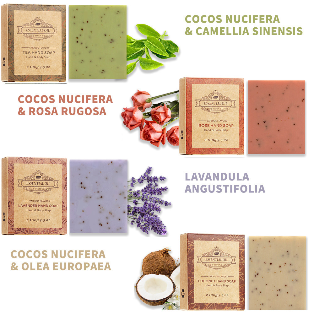 4 pacotes de sabonete fosco de lavanda - 4, óleo essencial de coco, árvore de chá - caixa de papel kraft para presentes e experiência de viagem luxuosa