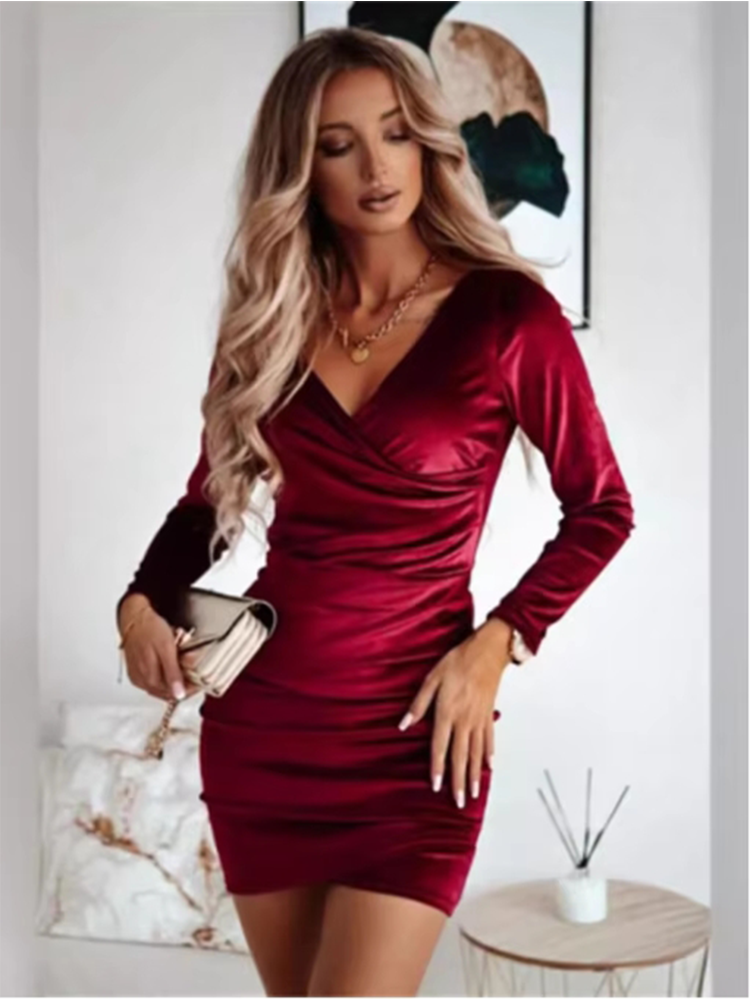 Dame Bodycon Einfarbig Samt Kleid Frauen V-ausschnitt Mit Langen Ärmeln Mini Kleid Herbst Winter Party Luxus Kleid