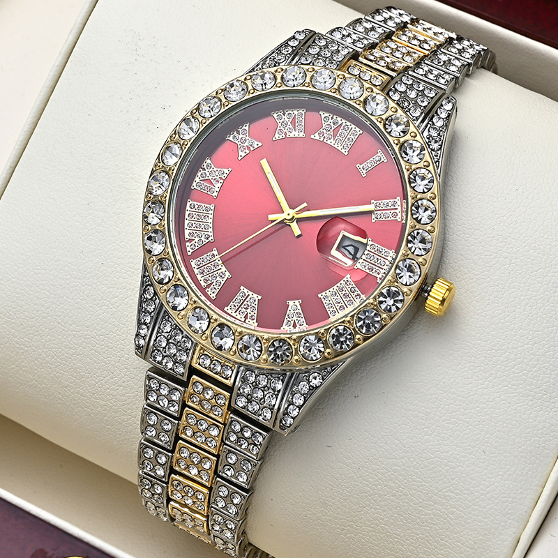 メンズステンレススチールウォッチとブレスレット,カレンダー,ラインストーンとヒップホップスタイル,2個