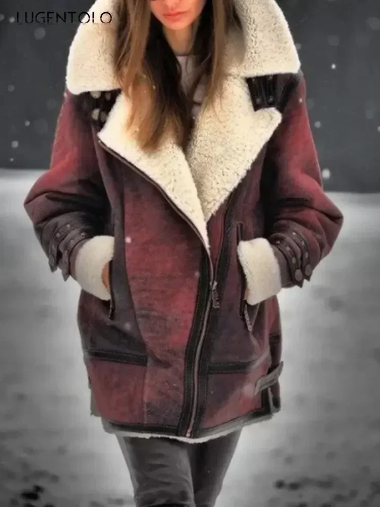 Frauen Vintage Winter Mantel Revers Faux Pelz Zipper Lose Feste Lange Hülse Frau Jacke Lugentolo