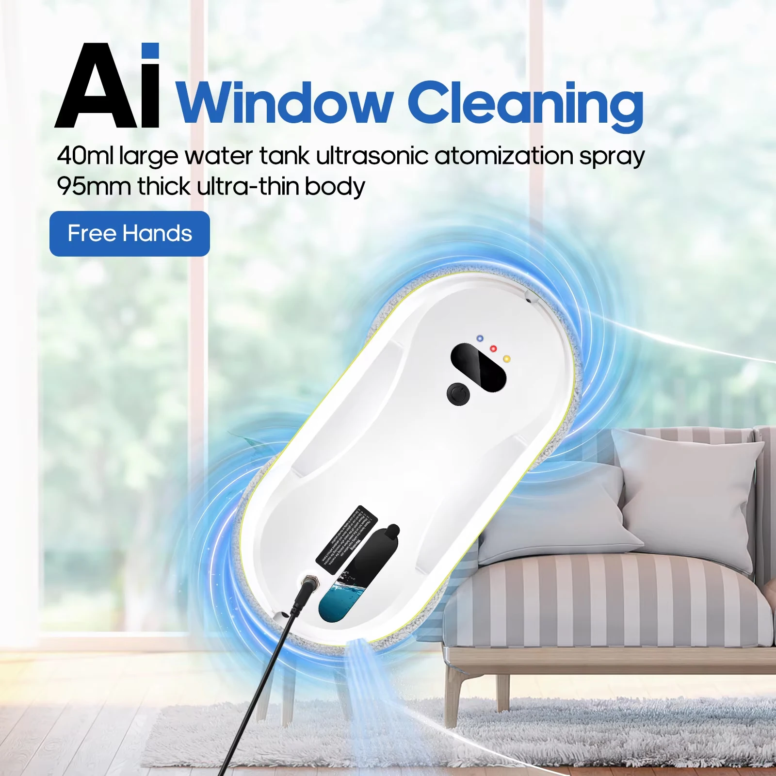 Intelligenter Fensterputzroboter, Ultraschallzerstäubung, Wasserspray, 5600 Pa, super Saugkraft