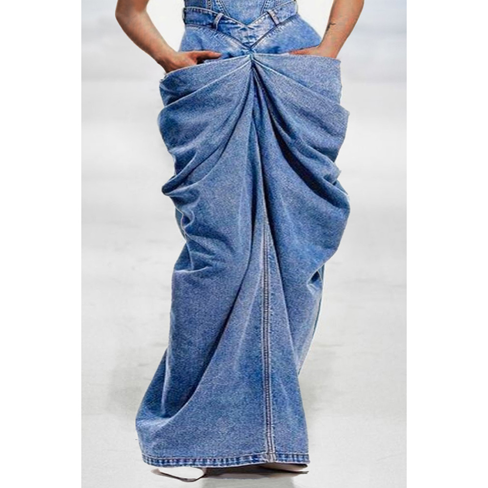 Vestido de mujer de talla grande, mono con lazo azul, falda larga vaquera plegable para las cuatro estaciones
