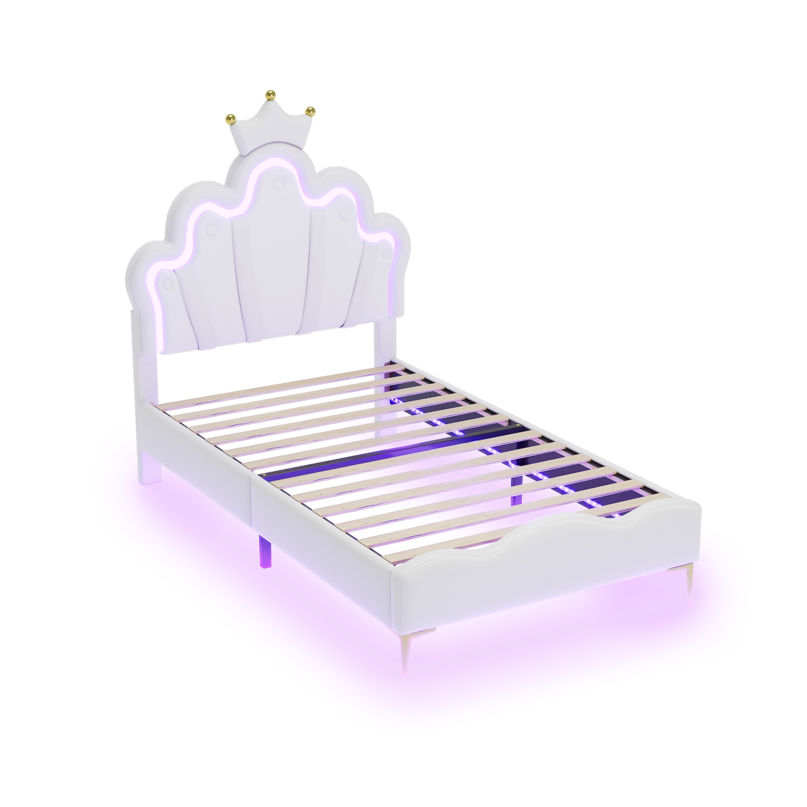 Lazyspace 90x200cmCama estofada com cabeceira em forma de coroa e estrutura de ripas, faixa de luz LED ajustável, bege, sem colchão