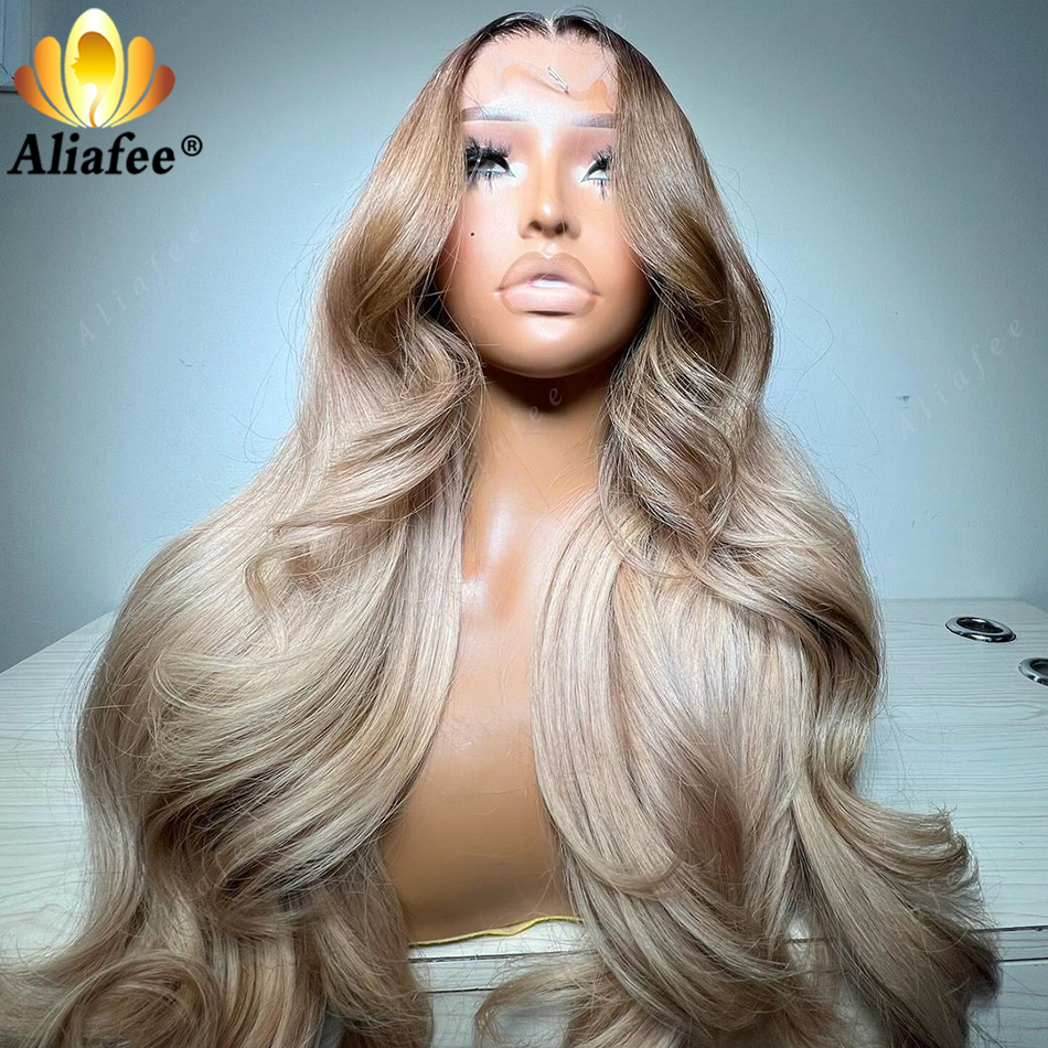 바디 웨이브 HD 13x6 옹 브르 금발 루트 컬러 레이스 프론트 가발 인간의 머리카락 애쉬 금발 레이스 정면 가발 여성용 5x5 클로저 가발