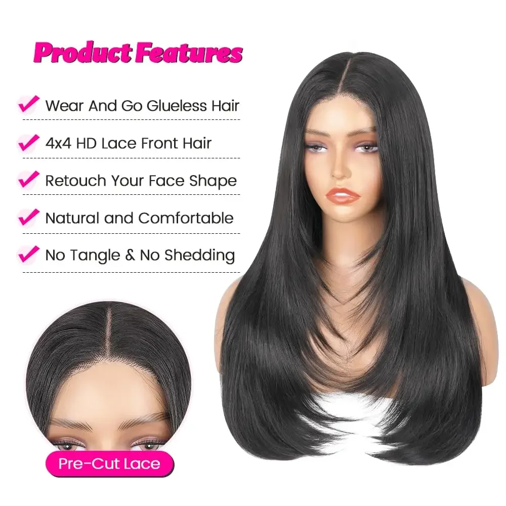 Corte em camadas em linha reta perucas de renda sem cola para preto feminino pré corte borboleta corte de cabelo em linha reta 4x4 hd fechamento do laço perucas sintéticas