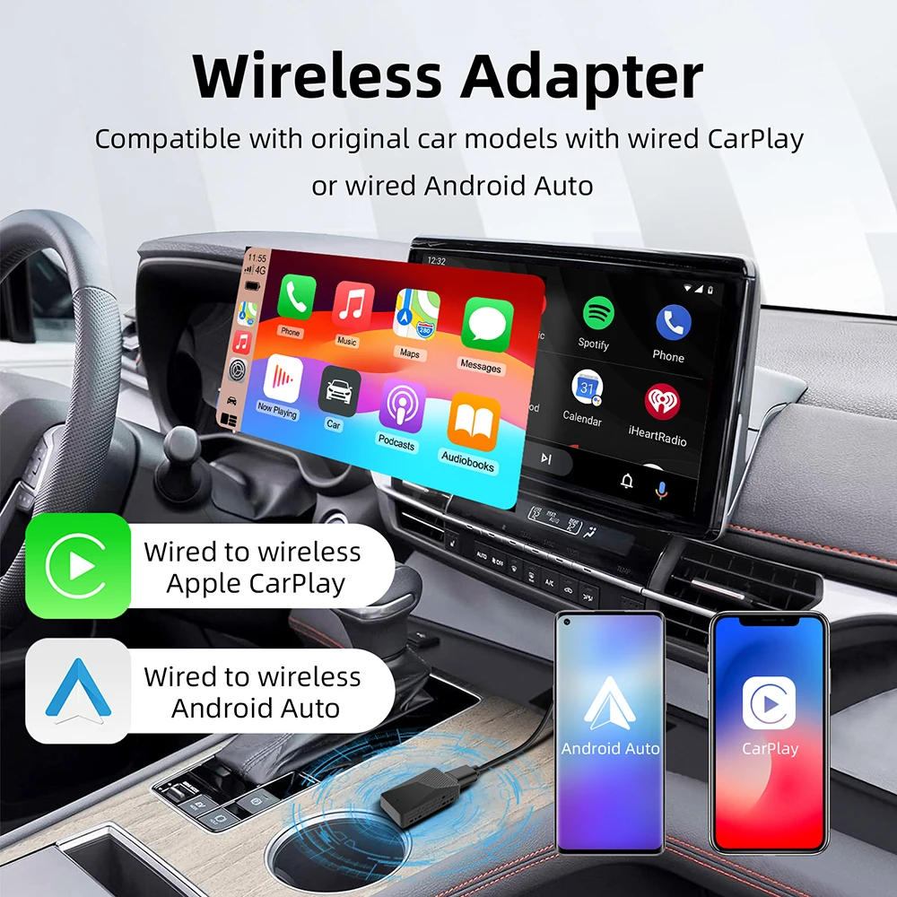 Mini adaptador 2 em 1 AI Box com fio para Carplay sem fio e Android Auto compatível com 99% de carros Plug and Play WiFi Smart Dongle