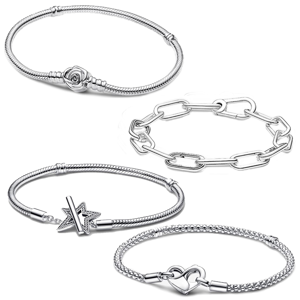Классический браслет из стерлингового серебра 925 пробы с розами, сердечками и звездами и замками, модный базовый браслет «сделай сам»