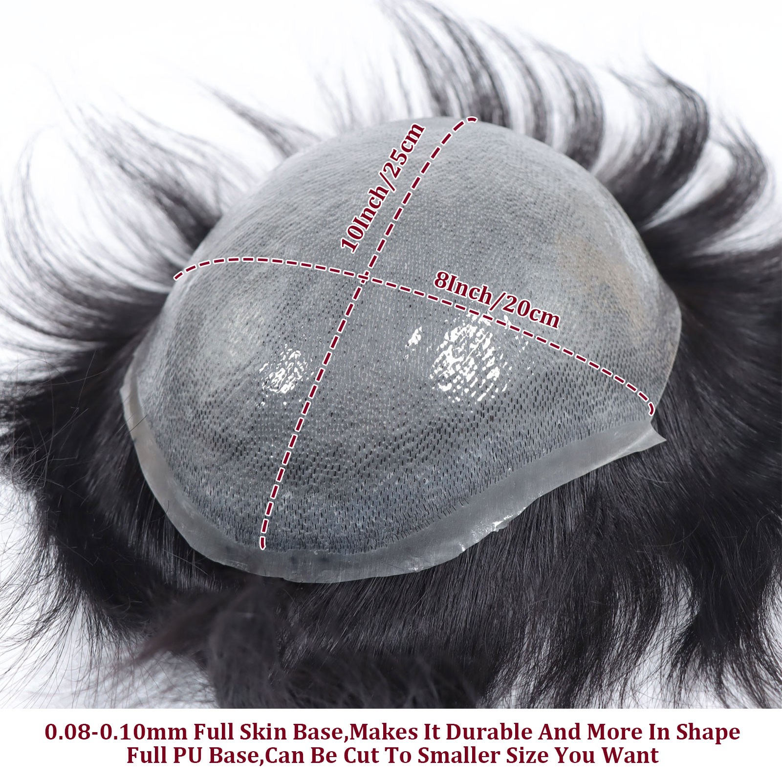 0.08-0.10MM noeud unique complet PU toupet pour hommes cheveux humains naturel noir hommes perruque hommes capillaire prothèse cheveux unité remplacement