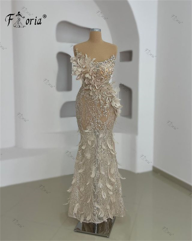 Illusion Champane Mermaid Formal Occasion Dress Feather Lace Floor Length Evening Dresses 3D Appliques Prom Vestidos Custom Made
