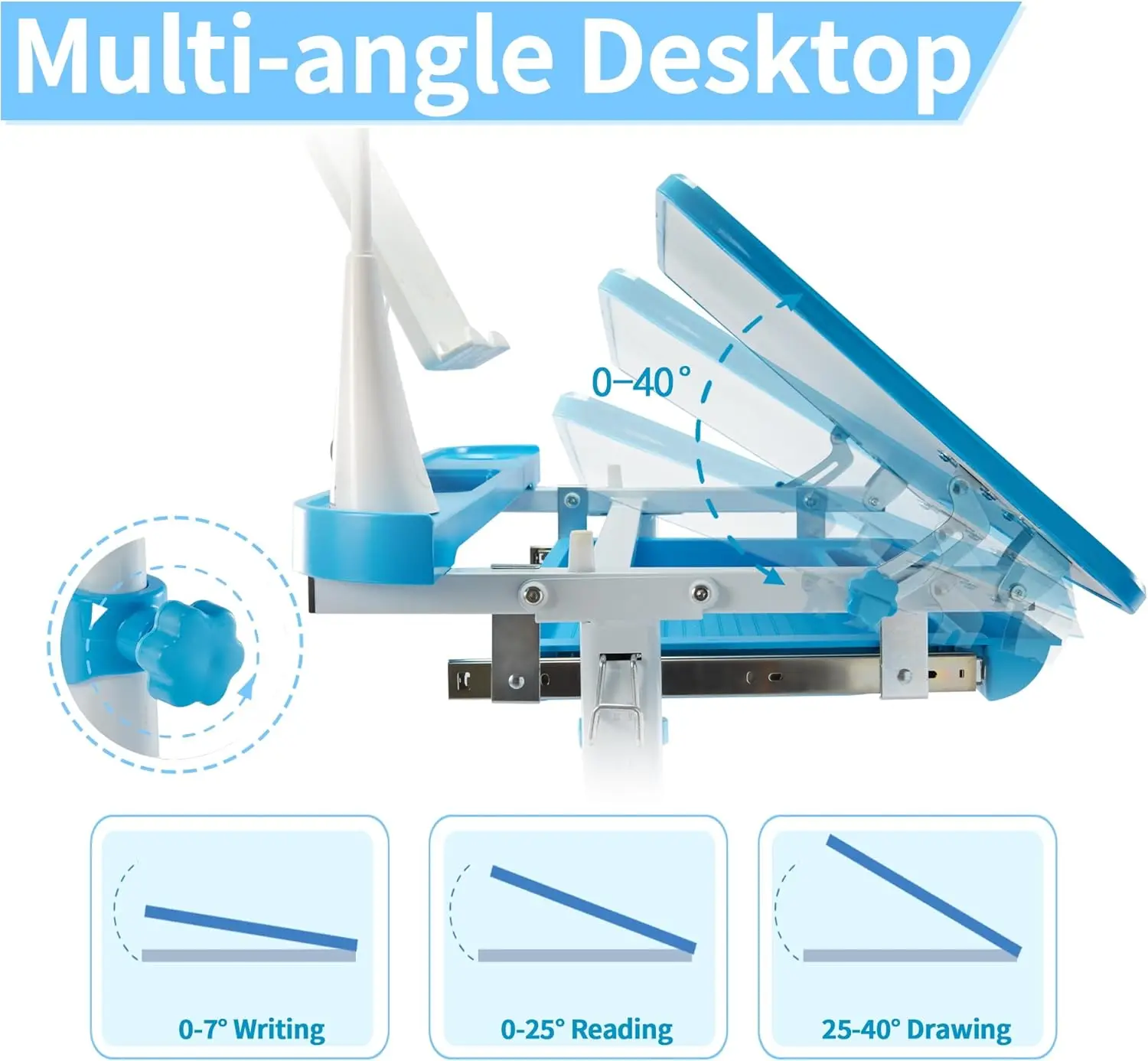 Kids Study Desk and Chair Set, Multi Functional Height Adjustable Children School Study Desk with Tilt Desktop, LED Light