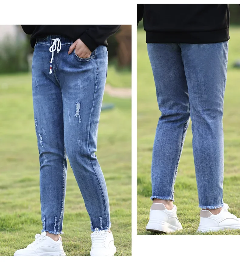 XL-6XL プラスサイズのジーンズ女性ママジーンズ女性弾性ハイウエストブルー BaggyJeans デニムリッピングジーンズ女性ハーレムパンツ