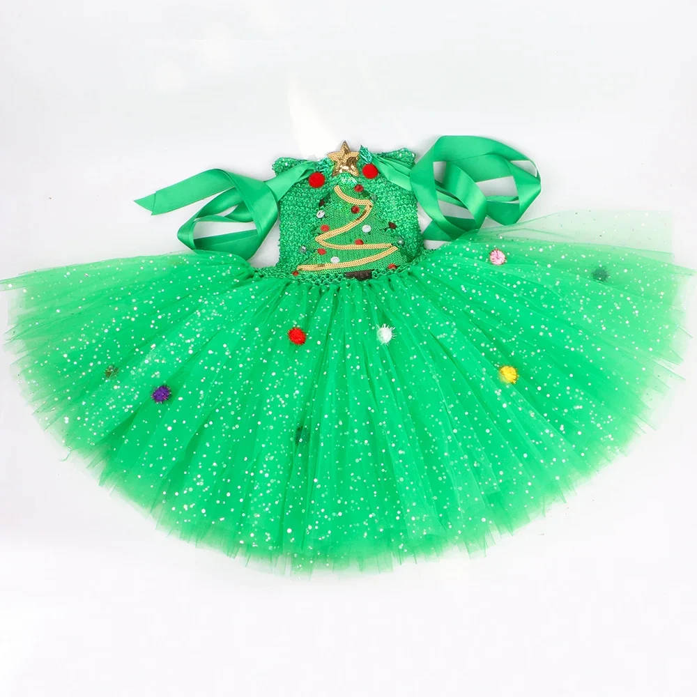 Kostum pohon Natal hijau Glitter, Gaun Tutu pesta Natal mewah anak perempuan, pakaian balita, hadiah pakaian Elf Natal
