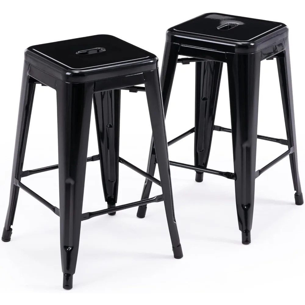 24" Bar Stools Black Backless Metal Barstools Indoor-Outdoor Counter Height Stools with Square Seat,  Set of 2