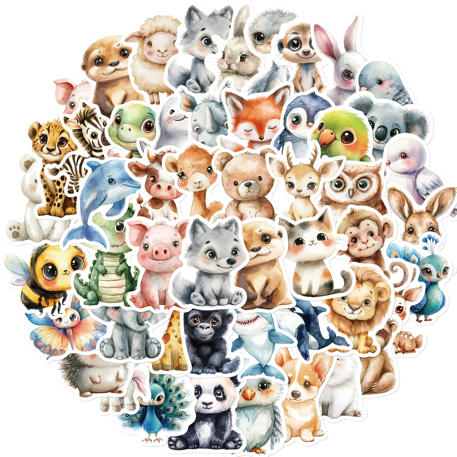 50PCS 귀여운 수채화 동물 낙서 스티커 만화 DIY 스케이트 보드 전화 케이스 노트북 방수 멋진 스티커 데칼 장난감