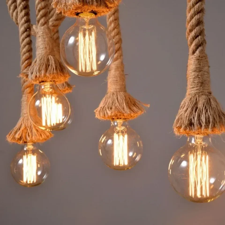 Industrial E27 Vintage Hemp Rope Pendant Lights Attic Personality Indoor Lightings for Loft/Living Room/Bar Pendant Chandelier