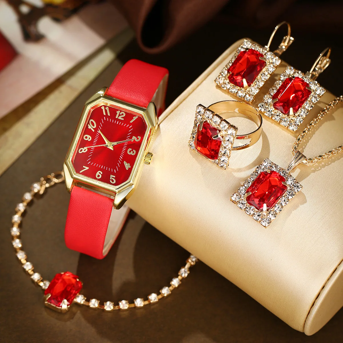 Montres carrées de luxe pour femmes, montre-bracelet à quartz pour dames, ensemble de bijoux classiques simples, marque de mode, 6 pièces, 5 pièces, 1 pièce
