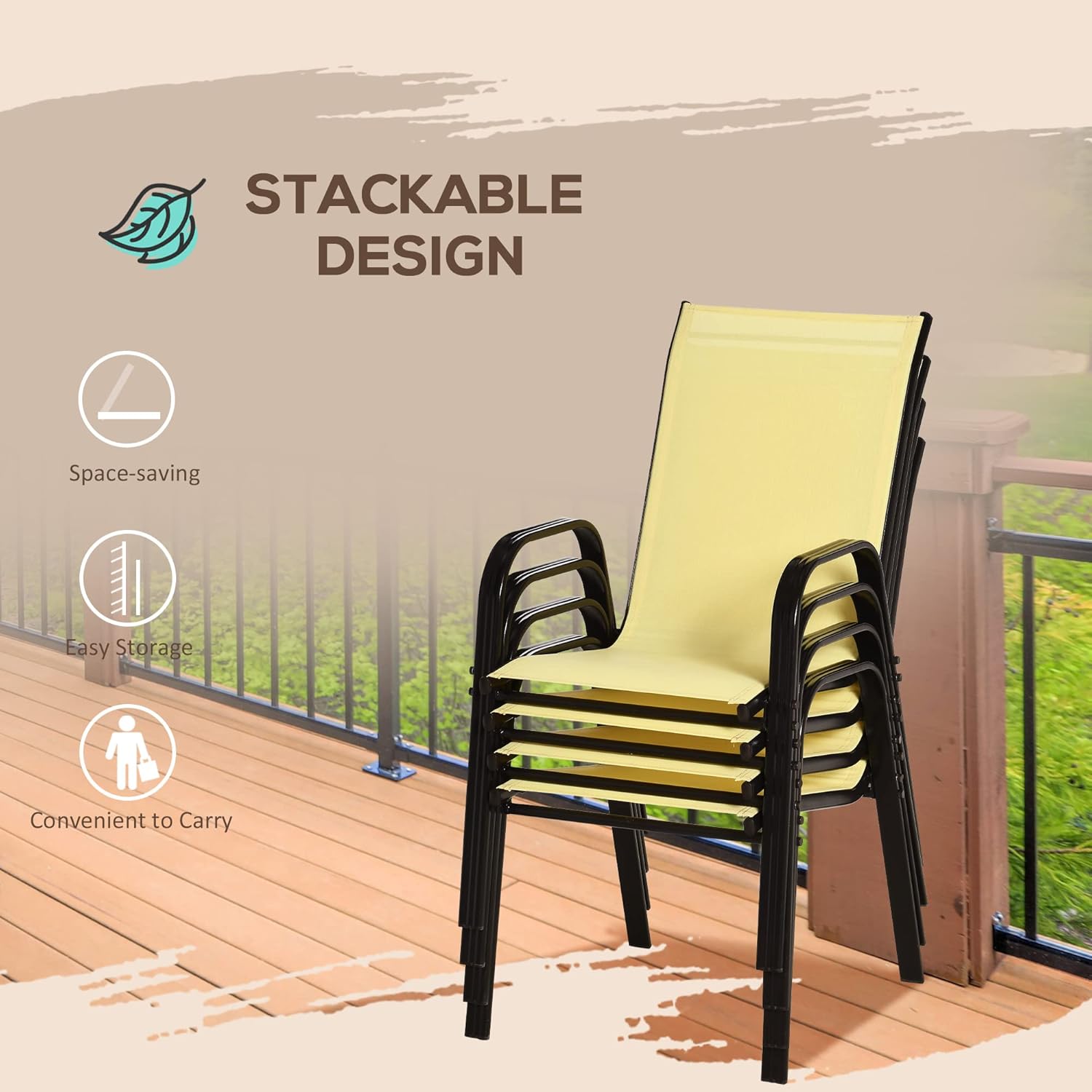 4 Pieces Garden Chairs, Stackable Outdoor Chairs with High Backrest and Armrest, Breathable Mesh Fabric Dining Chair Set of 4