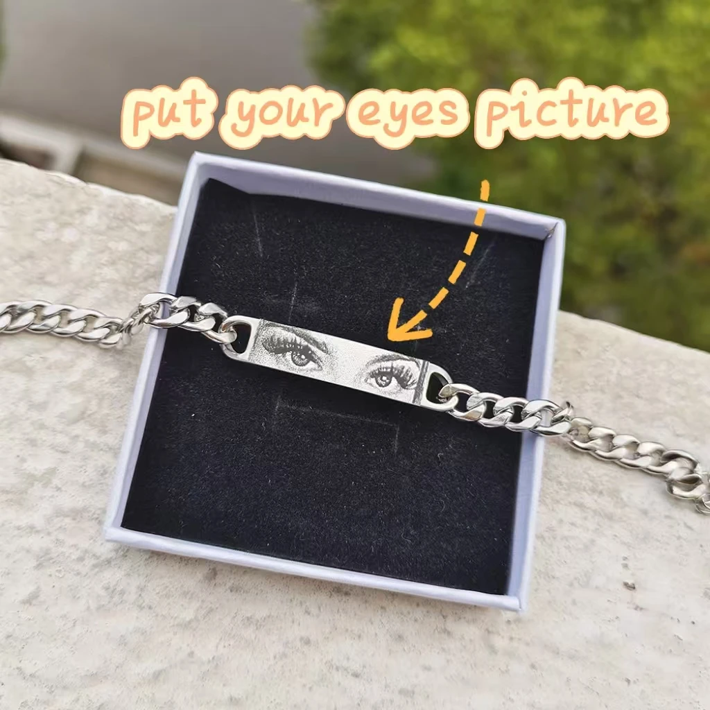 Custom Eyes Photo สร้อยข้อมือสแตนเลสเลเซอร์แกะสลักตาคู่สร้อยข้อมือของขวัญวันวาเลนไทน์สําหรับแฟนครอบครัวพ่อ