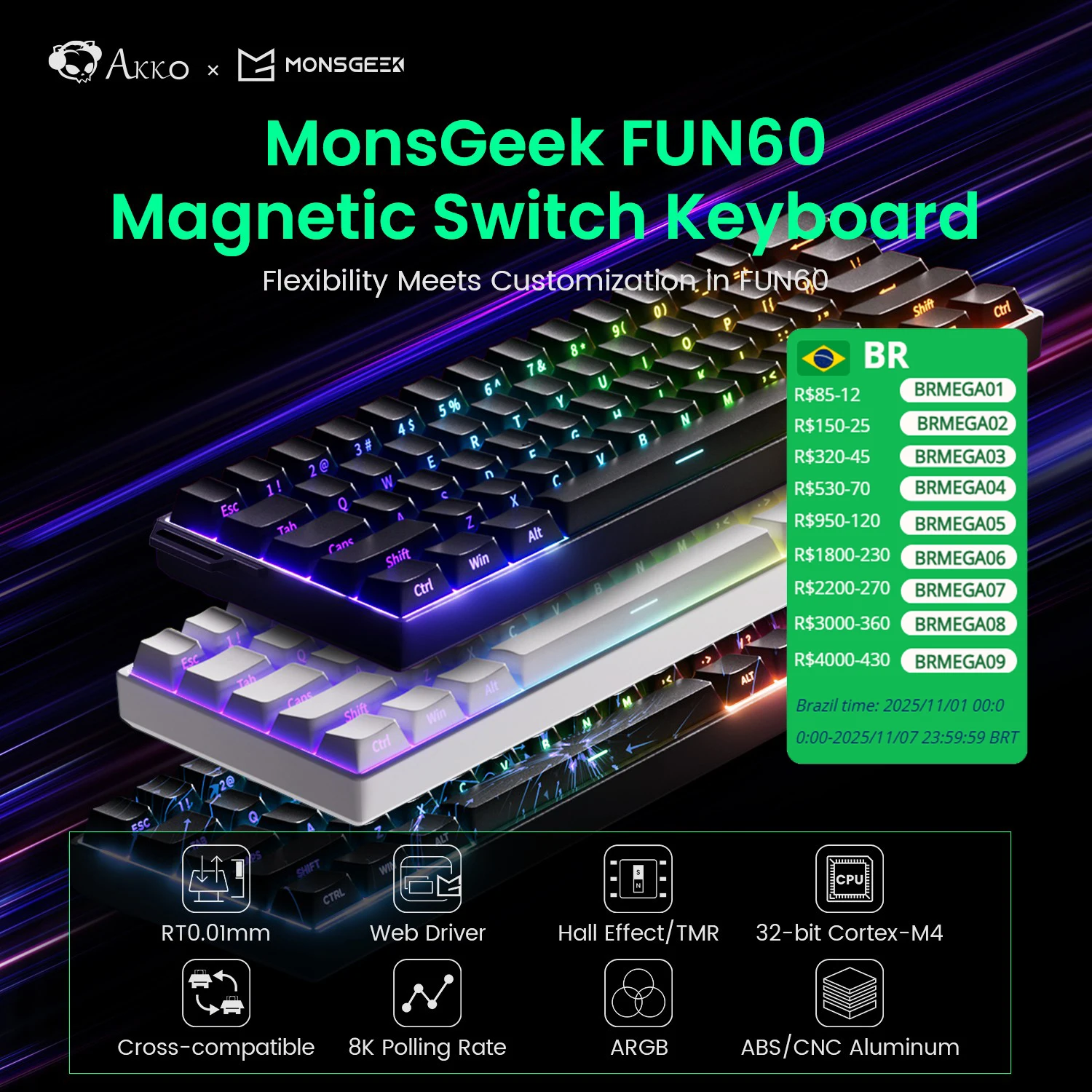 Akko MonsGeek FUN60 기계식 키보드 마그네틱 스위치 60% 게임용 키보드 신속한 트리거 0.01mm 8K ARGB HE/TMR 맞춤형 키보드