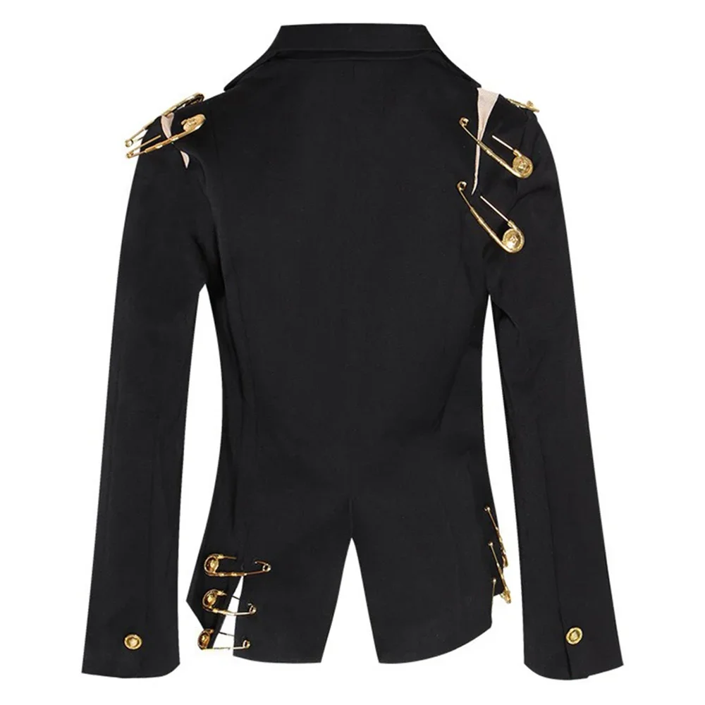 VGH Chic Gespleißt Metall Pin Abnehmen Blazer für Frauen Kerb Kragen Langarm Patchwork Mesh Aushöhlen Mode Jacke Weibliche