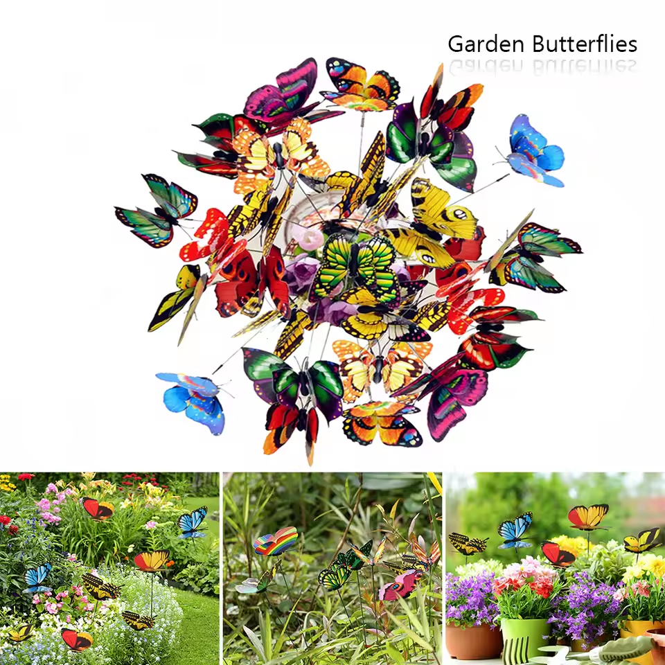 50pcs Butterfly Stakes Colorful Simulation Butterfly Outdoor Garden Yard Plant Flower Pot Spring Garden Decoration 25*4cm