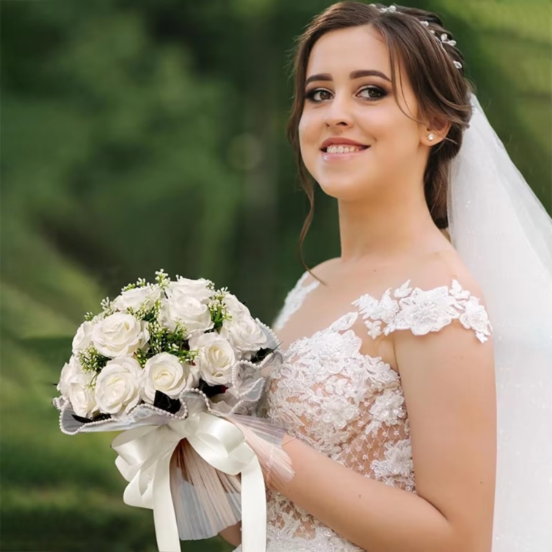 Bouquet da sposa a cascata con fiori artificiali 1 pezzo per cerimonia di matrimonio, anniversario, bouquet con fiocco rifinito di perle, fiori artificiali
