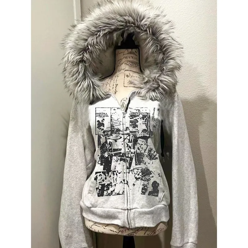 Chaqueta gris de lana de piel sintética con doble cremallera, sudaderas con capucha para Mujer, abrigos Vintage Y2k con capucha de cintura delgada, Sudadera informal de moda para Mujer