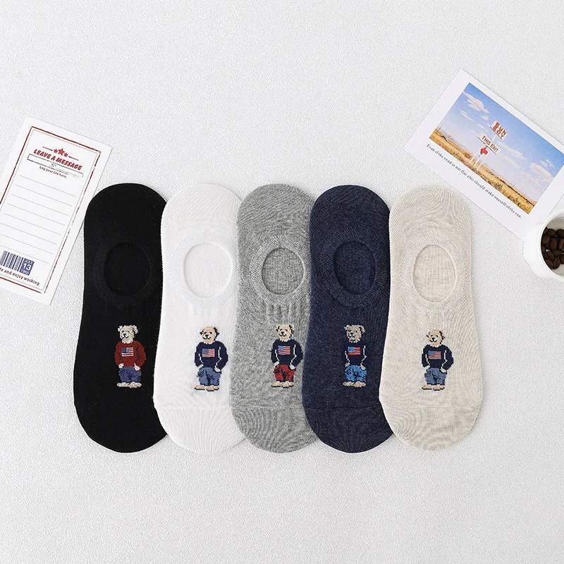 5 pares de 5 colores verano dibujos animados oso fino algodón hombres Invisible ligero transpirable absorbente de sudor calcetines de barco personalidad