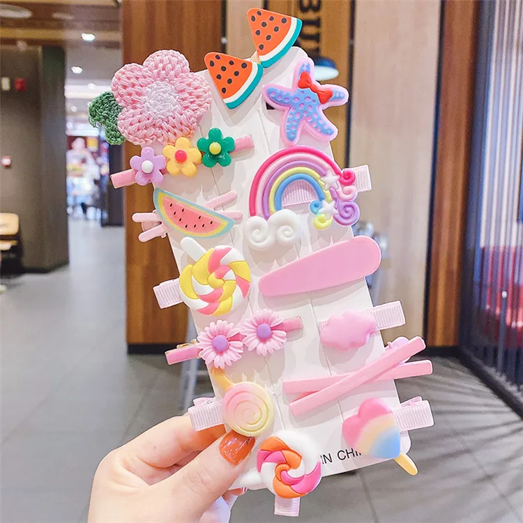女の子用ヘアクリップセット,漫画,アイスクリーム,かわいい,ファッションアクセサリー,キャンディー,14個